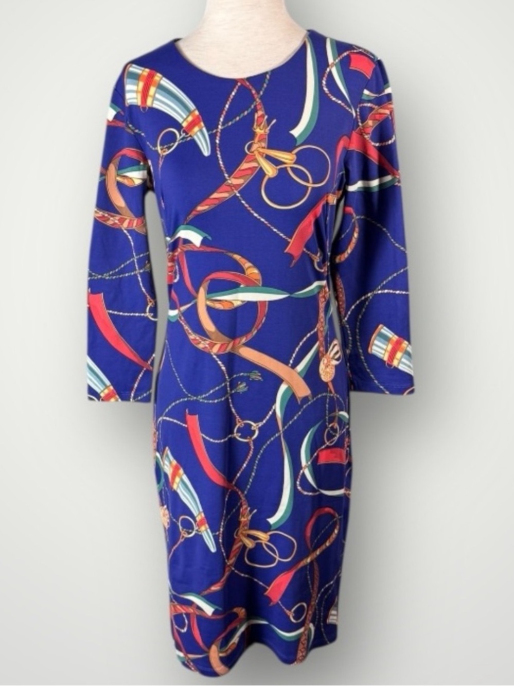 J MCLAUGHLIN Catalina Cloth Dress Equestrian Chain Print Blue S